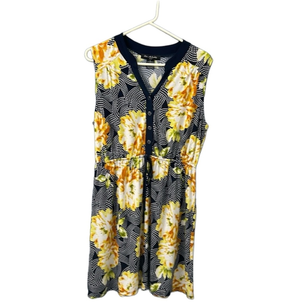 Elie McCarthy, petite navy dress with polkadot and yellow flowers size L